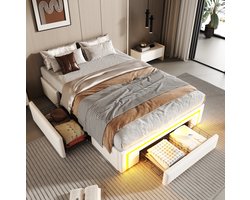 MEUNIQ bedframe 90x200 cm met lades, LED-verlichting en metalen lattenbodem, zonder hoofdbord, eenpersoons bed voor slaapkamer, wit