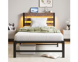 MEUNIQ bedframe 90x200 cm met LED-verlichting, 2 USB-poorten, metalen eenpersoons bed met hoofdbordplank en opbergruimte onder het bed, zwart bruin