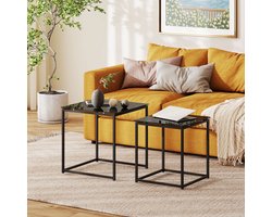 MEUNIQ bijzettafel 2-delige set, vierkante salontafel set met glazen tafelblad en stalen frame, nestbare tafels 50 x 50 x 52 cm en 42 x 42 x 42 cm, zwart