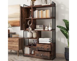 MEUNIQ Boekenkast 100 x 30 x 173,5 cm met deuren en lades, industriële opbergkast met open vakken voor woonkamer of werkkamer, zwart bruin
