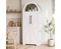 MEUNIQ Buffetkast 70 x 40 x 165 cm met open boogvakken, 3 planken en dubbele deuren met 5 deurvakken voor keuken of eetkamer, wit
