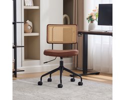 MEUNIQ bureaustoel met rotan rugleuning en wielen, in hoogte verstelbaar en draaibaar, houten frame en zitting van kunstleer, 55 x 58,5 x 83,5-91,5 cm, bruin