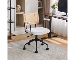 MEUNIQ bureaustoel met wielen en armleuningen, verstelbare zithoogte 61 x 58,5 x 83,5-91,5 cm, rotan rugleuning, chenille zitting, draaibaar, ivoor