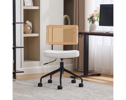 MEUNIQ bureaustoel met wielen en draaifunctie, in hoogte verstelbaar, rotan rugleuning, chenille zitting en houten frame, voor thuiskantoor, studeerkamer of woonkamer, crème