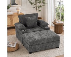 MEUNIQ chaise longue 1-zits 148 x 98 x 83 cm met chenille bekleding, bekerhouders, armleuningen en opbergruimte, voor woonkamer of kantoor, donkergrijs