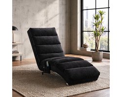 MEUNIQ Chaise longue massagestoel 148 x 55 x 84 cm met zachte vibratiefunctie, zijvak en metalen poten voor woonkamer, slaapkamer of kantoor - Zwart linnen