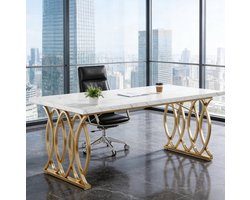 MEUNIQ Computertafel 160 x 80 x 75 cm met wit blad in marmerlook en goudkleurig metalen onderstel - bureau en vergadertafel voor kantoor
