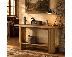 MEUNIQ Consoletafel 140 x 30 x 80 cm – smalle sidetable met open onderplank voor hal, woonkamer of achter de bank – bruin houtlook