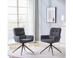 MEUNIQ draaibare eetkamerstoel set van 2, 85 cm, met armleuningen, donkergrijze stof en zwart metalen onderstel, voor eetkamer of ontspanningsruimte