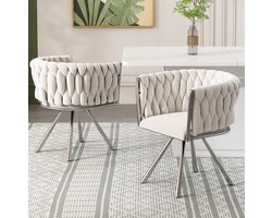 MEUNIQ Draaibare velvet eetkamerstoelen 59 x 54 x 72 cm met armleuningen en metalen vierpoots onderstel, set van 2 voor de eetkamer, beige en zilver
