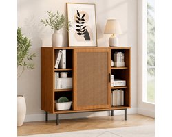 MEUNIQ Dressoir 100 x 37 x 90 cm met 2 rotan schuifdeuren en verstelbare plank, opbergkast voor woonkamer en eetkamer, walnoot
