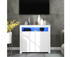 MEUNIQ dressoir 108 x 40 x 92 cm met LED-verlichting, 2 deuren en open vak, hoogglans wit sideboard voor woonkamer, hal of eetkamer