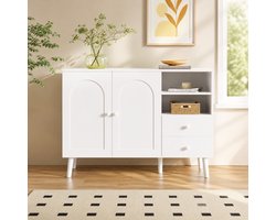 MEUNIQ dressoir 118 x 35 x 82 cm met 2 gebogen deuren, 2 lades en 2 open vakken, houten handgrepen en poten voor woonkamer, eetkamer of hal, wit
