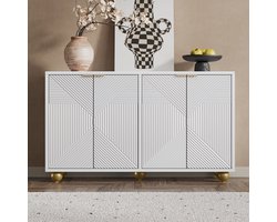 MEUNIQ dressoir 120 x 35 x 71,5 cm met 4 deuren en verstelbare planken, opbergkast voor woonkamer, eetkamer of hal, wit met gouden handgrepen