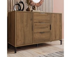 MEUNIQ dressoir 120 x 40 x 76 cm met 2 deuren en 3 laden, verstelbare plank, donkere eik, opbergkast voor slaapkamer en woonkamer