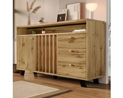 MEUNIQ dressoir 120 x 40 x 85 cm met 3 lades, 2 deuren, open vak en verstelbare plank, sideboard voor woonkamer, eetkamer of hal, donkere eik