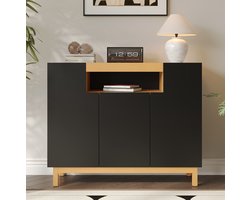 MEUNIQ dressoir 120,5 x 42 x 96 cm met 3 deuren en open vak, opbergkast voor woonkamer, eetkamer of hal, zwart met houtlook