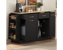 MEUNIQ dressoir 133,5 x 40 x 86 cm met lades, open vakken en kastdeuren, sideboard voor keuken, eetkamer of woonkamer, zwart met houtkleurig blad