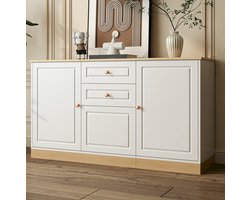 MEUNIQ dressoir 135,5 x 39 x 76 cm met 3 deuren, 2 lades en verstelbare planken, sideboard voor woonkamer of eetkamer, wit en houtkleur