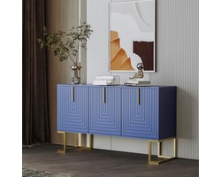 MEUNIQ dressoir 138 x 40 x 80,5 cm met 3 deuren, verstelbare en uitneembare planken, metalen basis, opbergkast voor woonkamer, keuken of eetkamer, marineblauw