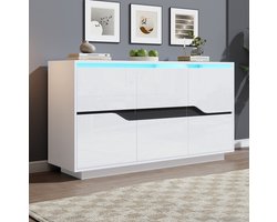 MEUNIQ dressoir 140 x 40 x 70 cm met 3 deuren, verstelbare planken, LED-verlichting en hoogglans front voor woonkamer, wit en zwart