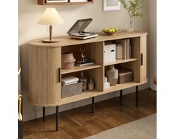 MEUNIQ dressoir 140 x 40 x 78 cm met roldeuren, open vakken, aluminium grepen en metalen poten, opbergkast voor woonkamer, eetkamer of hal, naturel