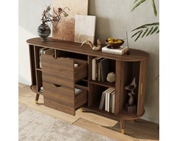 MEUNIQ dressoir 140 x 40 x 79,5 cm met 2 schuifdeuren, 2 lades en verstelbare planken, walnootkleurig sideboard voor woonkamer, eetkamer of hal