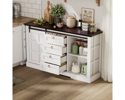 MEUNIQ dressoir 150 x 40 x 85 cm met schuifdeuren, 4 lades en verstelbare planken, landelijke opbergkast voor keuken, eetkamer, woonkamer of hal, wit