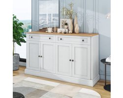 MEUNIQ dressoir 150 x 40 x 86 cm met 4 deuren en 2 lades, sideboard met 2 verstelbare planken voor eetkamer, woonkamer of slaapkamer, antiekwit en naturel