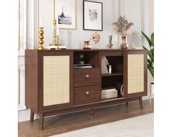 MEUNIQ dressoir 155 x 38 x 80 cm met 3 rattan schuifdeuren, 2 lades en 3 vakken – opbergkast voor woonkamer, eetkamer of hal in donkerbruin