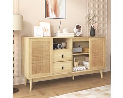 MEUNIQ Dressoir 155 x 38 x 80 cm met 3 rattan schuifdeuren, 2 lades en opbergruimte voor woonkamer, eetkamer, slaapkamer of hal, houtkleur