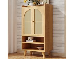 MEUNIQ dressoir 60 x 40 x 121 cm met 2 rotan deuren en 2 open vakken, hoge opbergkast voor hal, woonkamer of keuken, naturel