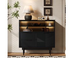 MEUNIQ dressoir en opbergkast 80 x 35 x 80 cm met glazen schuifdeur, 2 lades, open vakken en LED-lichtstrip voor woonkamer, hal, badkamer of werkkamer, zwart