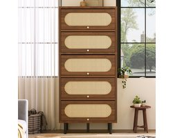 MEUNIQ dressoir kast 80 x 40 x 163 cm met 5 kleppen, opbergkast in walnootkleur met rattanlook en metalen poten, hoge kast voor woonkamer, hal, keuken of werkkamer
