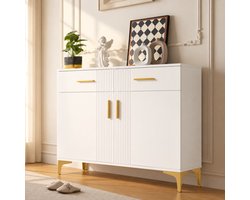 MEUNIQ dressoir met 2 deuren en 2 lades – 80 x 35 x 79,5 cm – witte opbergkast met gouden metalen handgrepen en poten voor woonkamer of hal