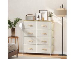 MEUNIQ dressoir met 8 stoffen lades, 86 x 30 x 94,5 cm, stalen frame, 4 opbergvakken en 2 haken, opbergkast voor slaapkamer, hal of woonkamer, beige