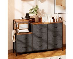 MEUNIQ dressoir met 8 stoffen lades, open vak en ingebouwd laadstation, 130,5 x 30 x 88 cm, industrieel opbergkast voor slaapkamer, woonkamer of hal, bruin en zwart