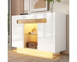 MEUNIQ dressoir met LED-verlichting 120 x 40 x 80 cm, opbergkast met 4 legborden en 2 open vakken, hoogglans fronten, wit en naturel, voor woonkamer keuken of hal