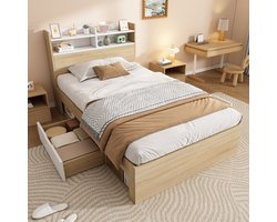MEUNIQ eenpersoons bed 90x200 met hoofdbord met opbergrek, 2 lades en open vakken, lattenbodem, opbergbed voor slaapkamer, wit eiken