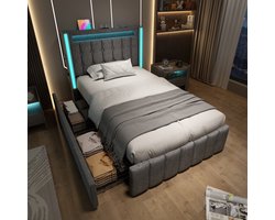MEUNIQ eenpersoons gestoffeerd bed 90x200 cm met USB en Type-C, LED-verlichting, 2 lades, houten lattenbodem, opbergruimte voor slaapkamer, grijs