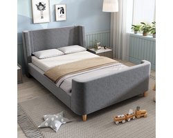 MEUNIQ eenpersoons kinderbed 90 x 200 cm met lattenbodem, sledebbed met kosmisch patroon, fluwelen bekleding en gestoffeerd hoofdbord voor kinderkamer, grijs