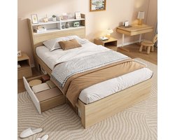 MEUNIQ eenpersoonsbed 90x200 met matras, hoofdbord met opbergvakken, 2 lades en open vakken, lattenbodem, bed met opbergruimte voor slaapkamer, wit eiken