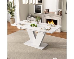 MEUNIQ Eetkamerset met uitschuifbare eettafel 120/160 x 80 cm en 6 draaibare stoelen, witte tafel met V-vormige poten en beige fluwelen stoelen