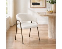MEUNIQ eetkamerstoel met armleuningen 57 x 54,5 x 79,5 cm, gestoffeerde chenille stoel met metalen poten in antiek messing, beige, 1 stuk