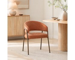 MEUNIQ Eetkamerstoel met armleuningen, chenille bekleding, metalen schuine vierpoot, 79,5 x 59 cm, oranje, voor eetkamer en keuken