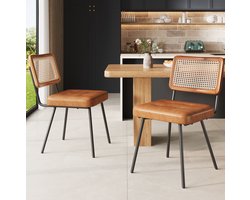 MEUNIQ Eetkamerstoel set van 2, 61 x 46 x 79 cm, PE-rotan rugleuning, kunstleren zitting, metalen poten, retro stoel voor eetkamer of woonkamer, bruin