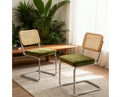 MEUNIQ eetkamerstoel set van 2 met groene velvet zitting, rotan rugleuning en chromen buisframe voor eetkamer, keuken of woonkamer