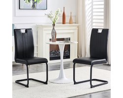 MEUNIQ eetkamerstoel set van 2 zwart kunstleer met metalen sledevoet, hoge rugleuning en antislip doppen, moderne stoel voor eetkamer, studeerkamer of kantoor