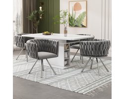 MEUNIQ eetkamerstoel set van 4, 360° draaibare kuipstoelen met armleuningen, velvet zitting, metalen vierpoot en gebogen rugleuning voor eetkamer, grijs zilver