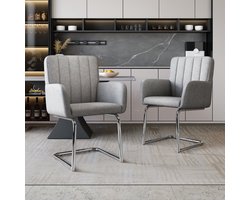MEUNIQ eetkamerstoel set van 4 grijs kunstleer met armleuning, metalen sledeframe, gestoffeerde kuipstoel met verticale stiksels, stapelbaar voor eetkamer en woonkamer